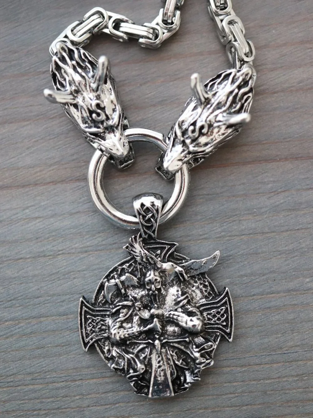 King Nordic Viking with Wolf Byzantine Chain Necklace Silver Stainless Steel